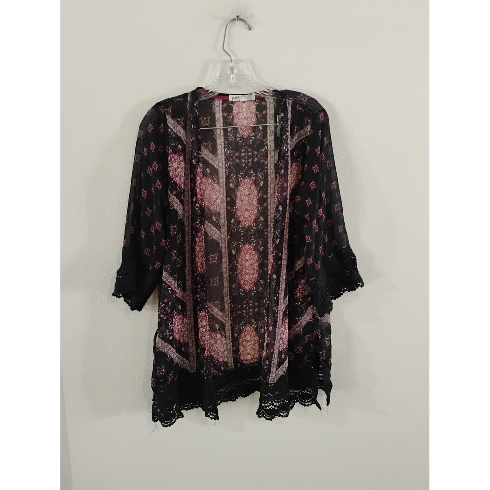 Jolt Womens Sheer Boho Kimono Cardigan Black Burgundy Lace Trim Medallion Small